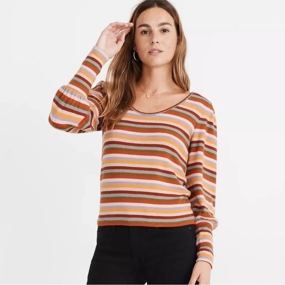 Madewell scoop neck striped puff sleeve sweater